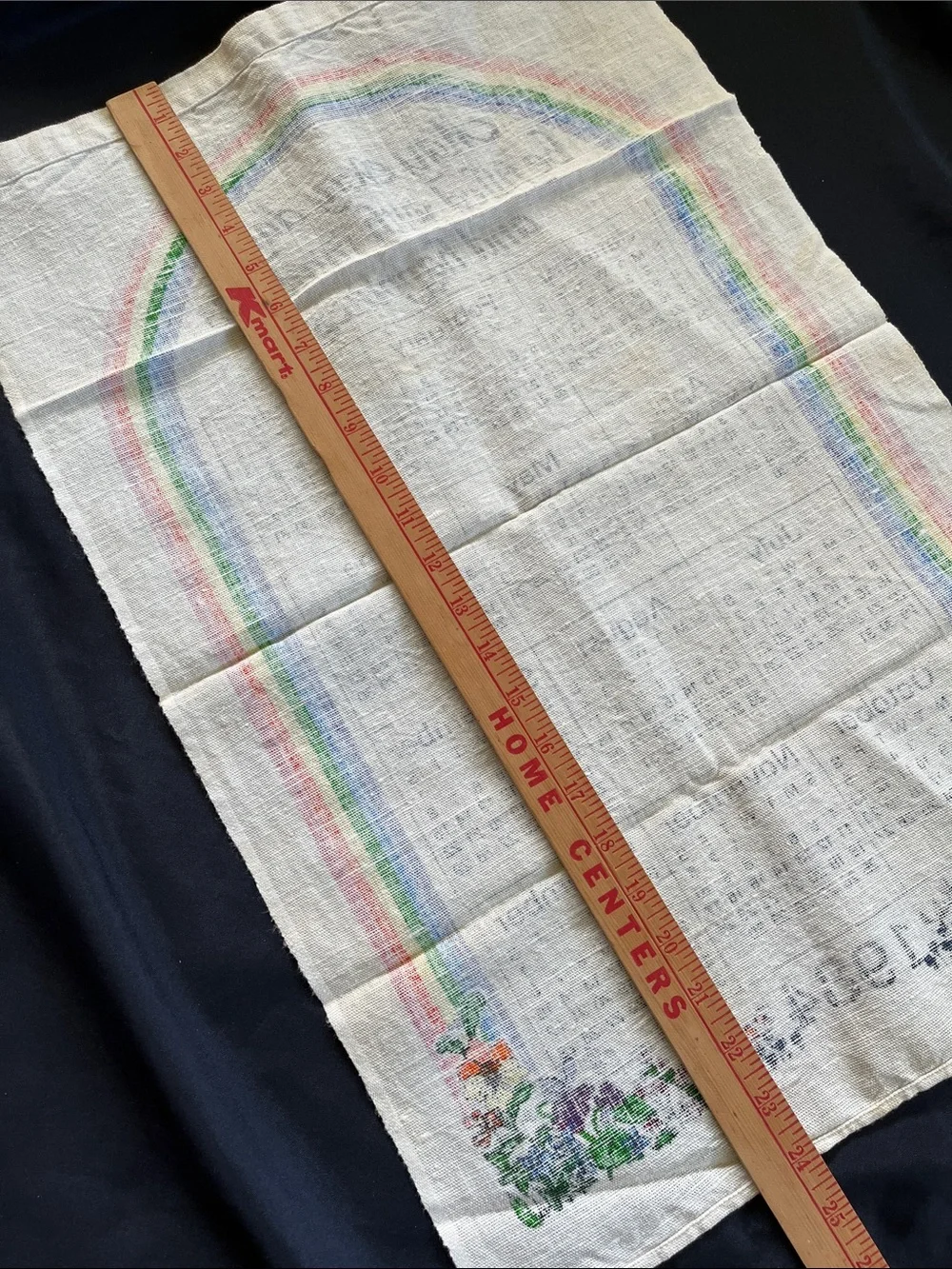 Vtg Linen Calendar 1984 Tea Kitchen Towel RAINBOW Flowers Leap Year Birthday